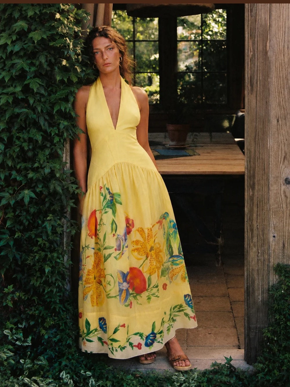 Yellow Halter Maxi Dress with Floral Border Print